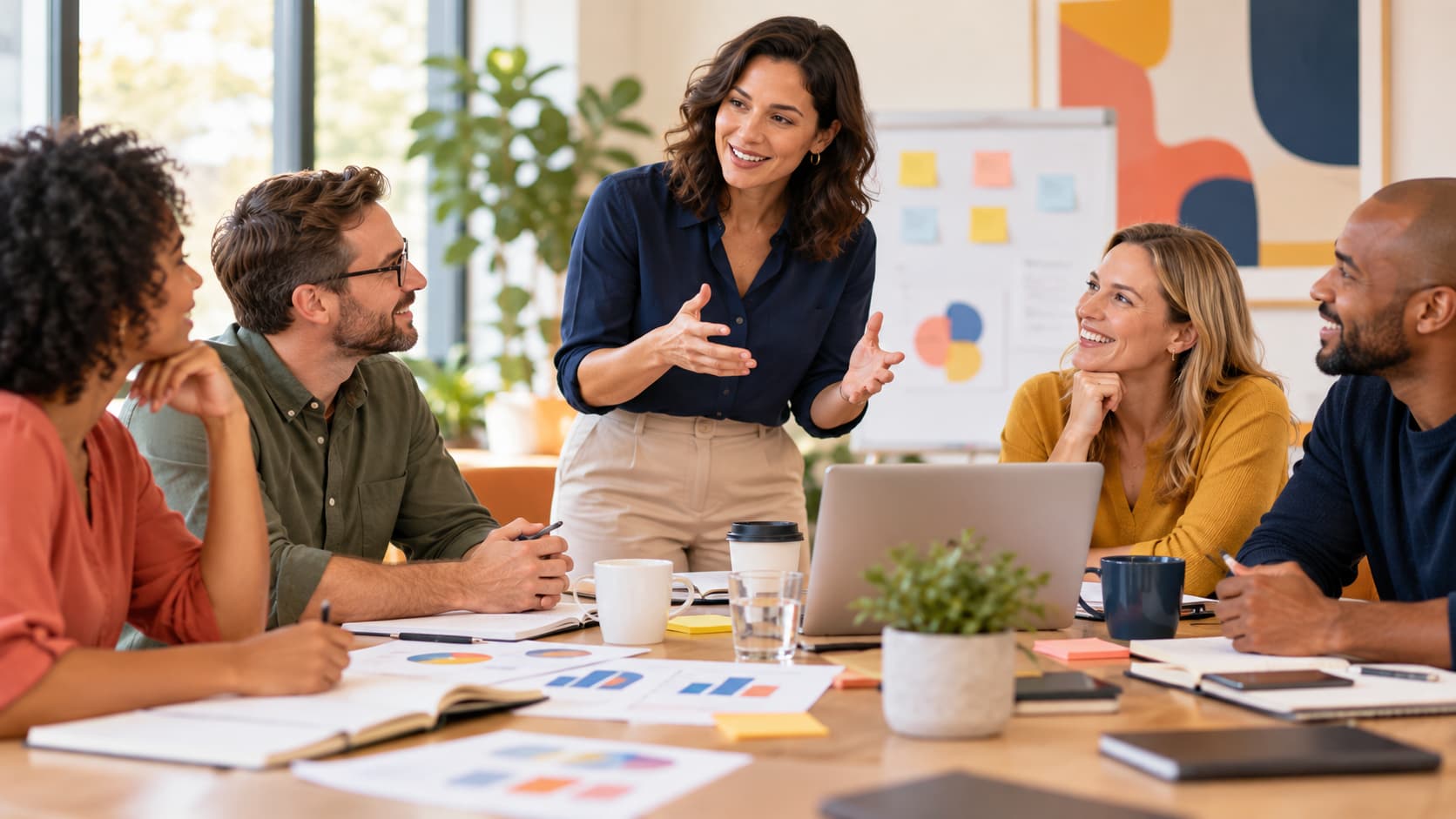 Profesionales reunidos en una capacitación de AuFi con conversación, laptop y material visual